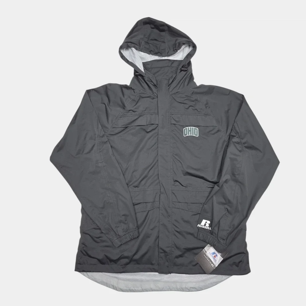 Ohio University Russell Athletic Rain Jacket Sz M Gray Hooded Windbreaker NWT